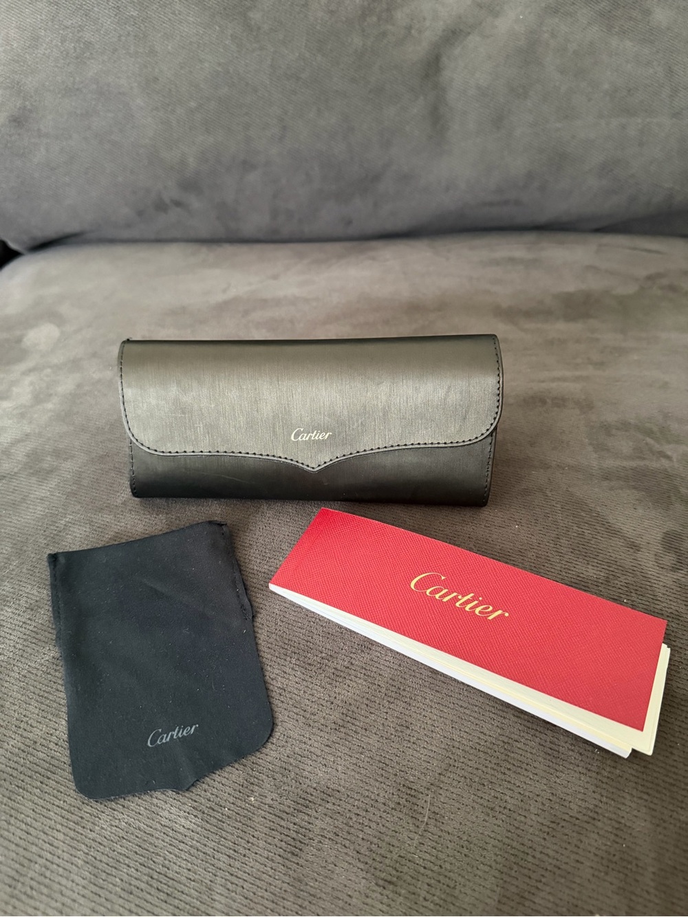 Cartier Black Leather Eyewear Case with Red Booklet and Black Pouch